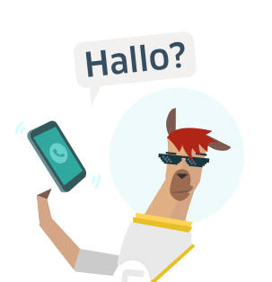 Lama mit einem Smartphone in der Hand, darüber eine "Hallo?"-Sprechblase